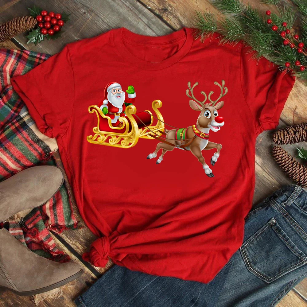 Women's Kawaii Christmas Top - Santa Claus & Deer O-Neck Y2K T-Shirt.  S-3X