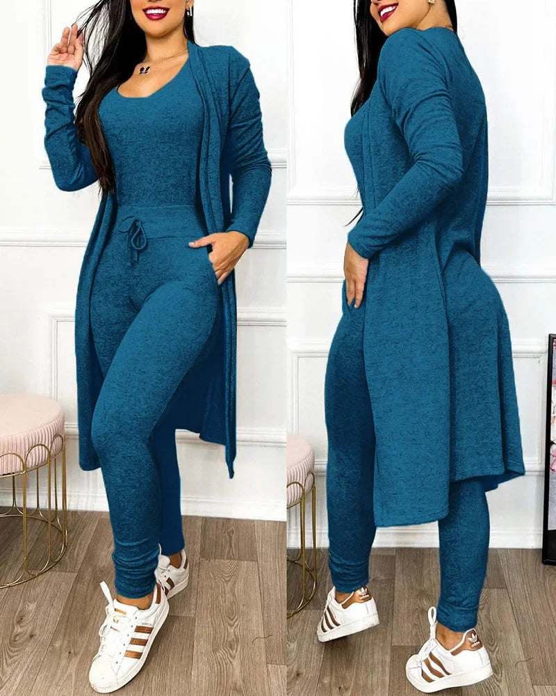 Drawstring Pocket Design Jumpsuit & Coat Set Solid Colour  Slim Fit Pencil Pants Fashion.  S-2X