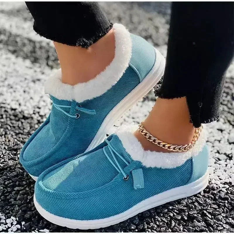 Women Warm Loafers Plush Flats Casual Cotton Shoes Solid Round Toe Sports Shoes