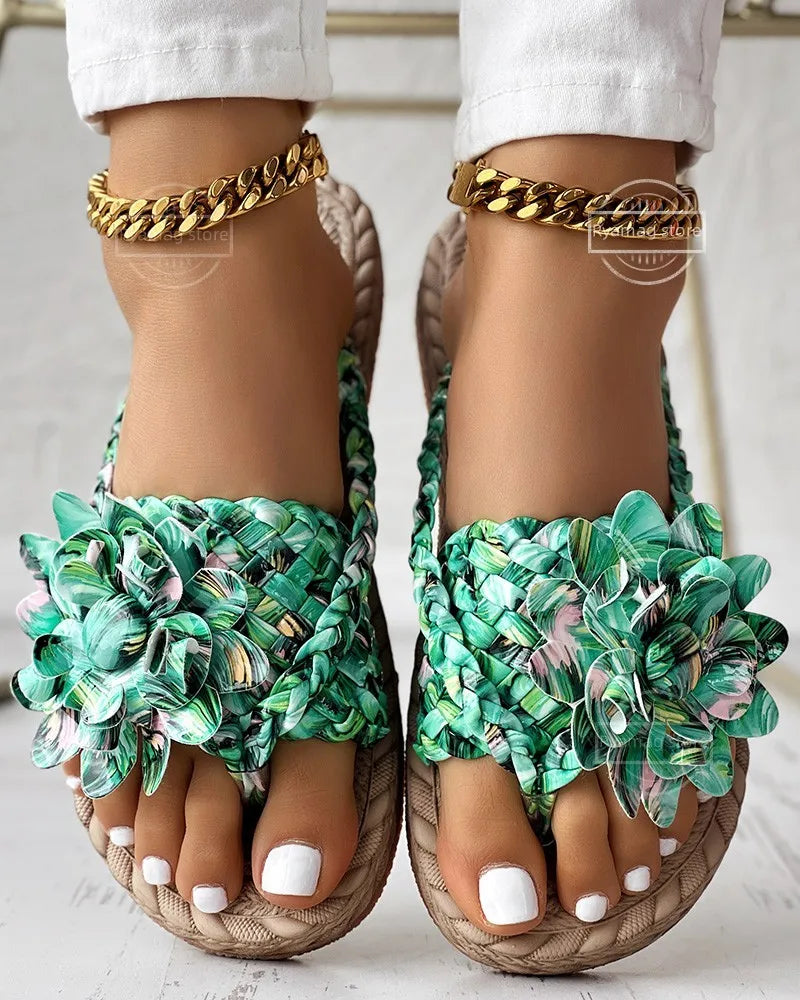 Women Solid Or Ombre Pattern Braided Casual Sandal Holographic Braided Floral Pattern