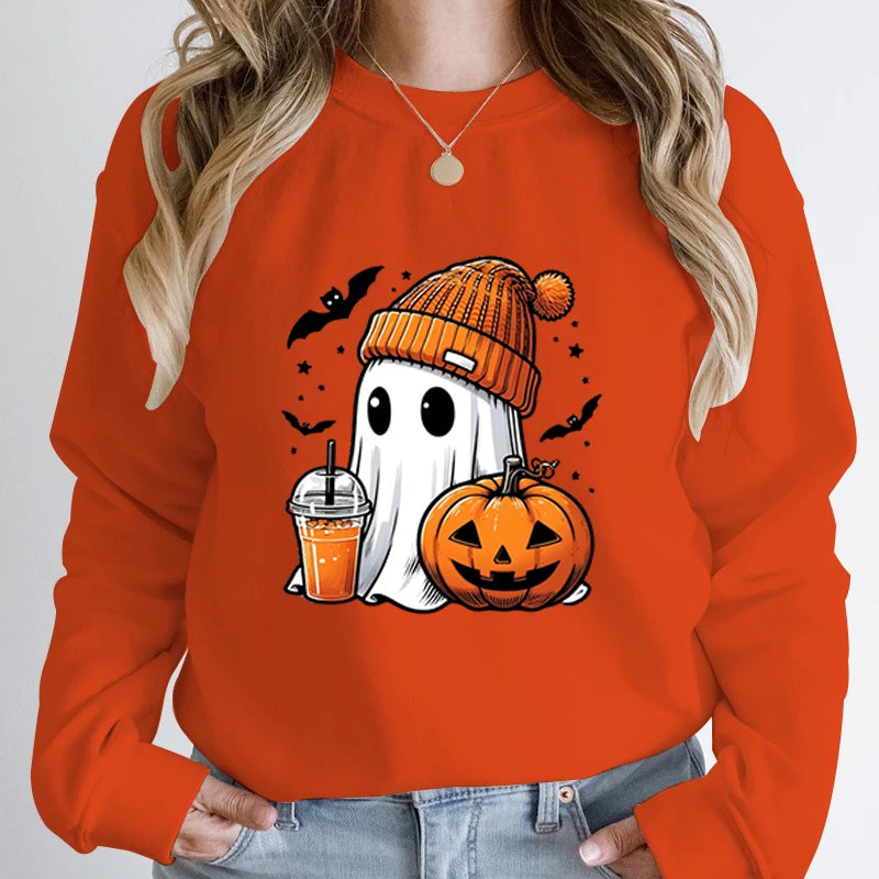 Unisex Fashion Halloween Ghost Pumpkin Bat Print Pullover Ladies Long Sleeve Halloween Sweatshirts.   S-2X