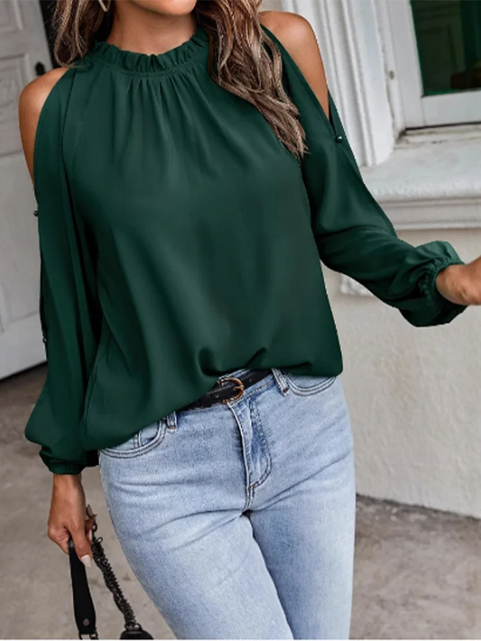 Off Shoulder Sexy Pleated Long Sleeved Solid Color Round Neck Women's Elegant Versatile Blouse