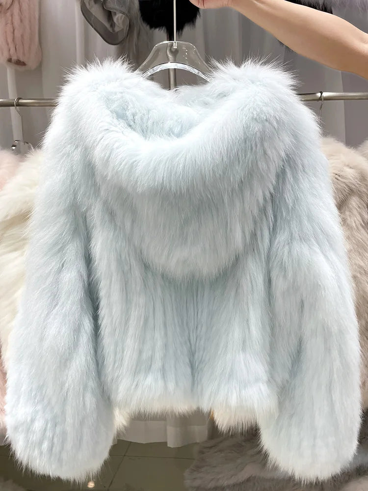 New Winter Real Fur Coat Natural Fox Fur Coat With Hood .