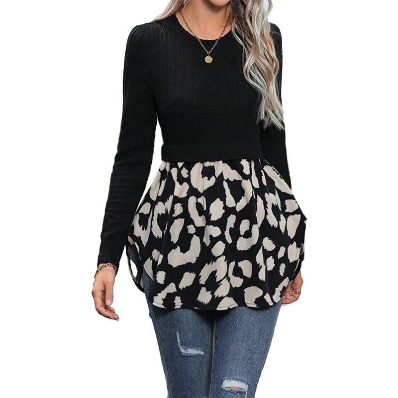 Women Autumn Round Neck Leopard & Knit Patchwork Long Sleeve Top S-XL