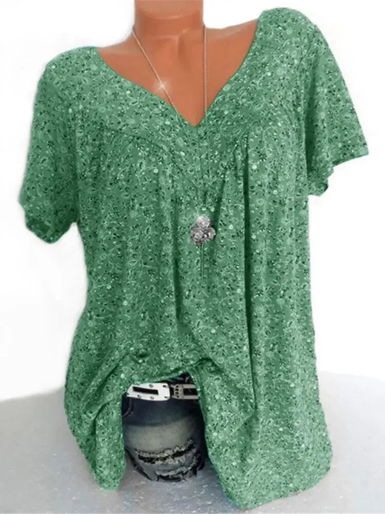 Summer Loose Fit Sleeveless Long V-Neck Ladies Top Floral Print Fashion Top