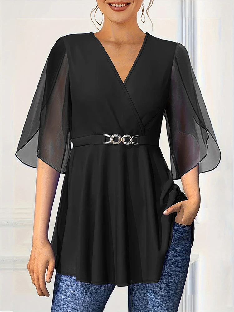 Women's Plus Chiffon Blouse Half Sleeve Split V-Neck with Belt Ruched Casual Vintage Blouse