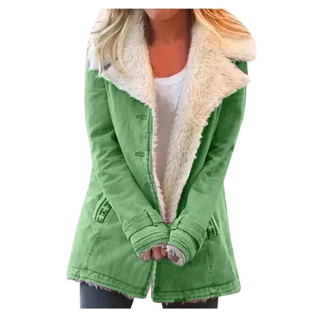 Women Autumn Winter Solid Color Plush Lapel Fashion Casual Jacket.  S-3X