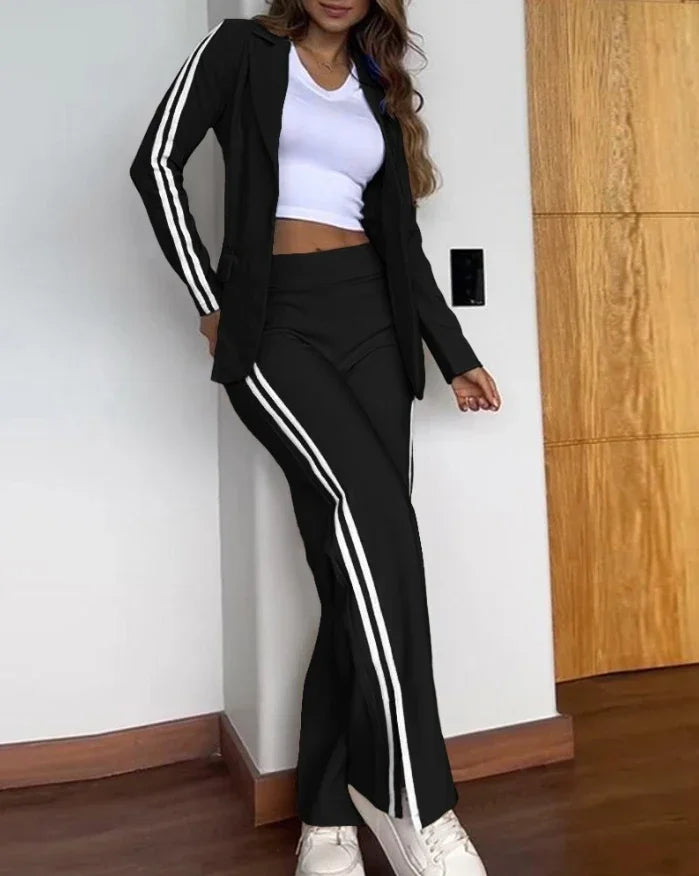 Women's Fashion Latest Striped Side Sporty Tape Notched Collar Front Button Blazer Wide-Leg Pants  Set