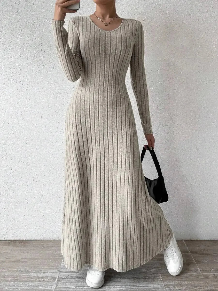 Fashionable Knitted Long Sleeve A- Line Streetwear Dress For Women Smooths And Slims Your Silhouette Solid Color Long Dress.  S-XL