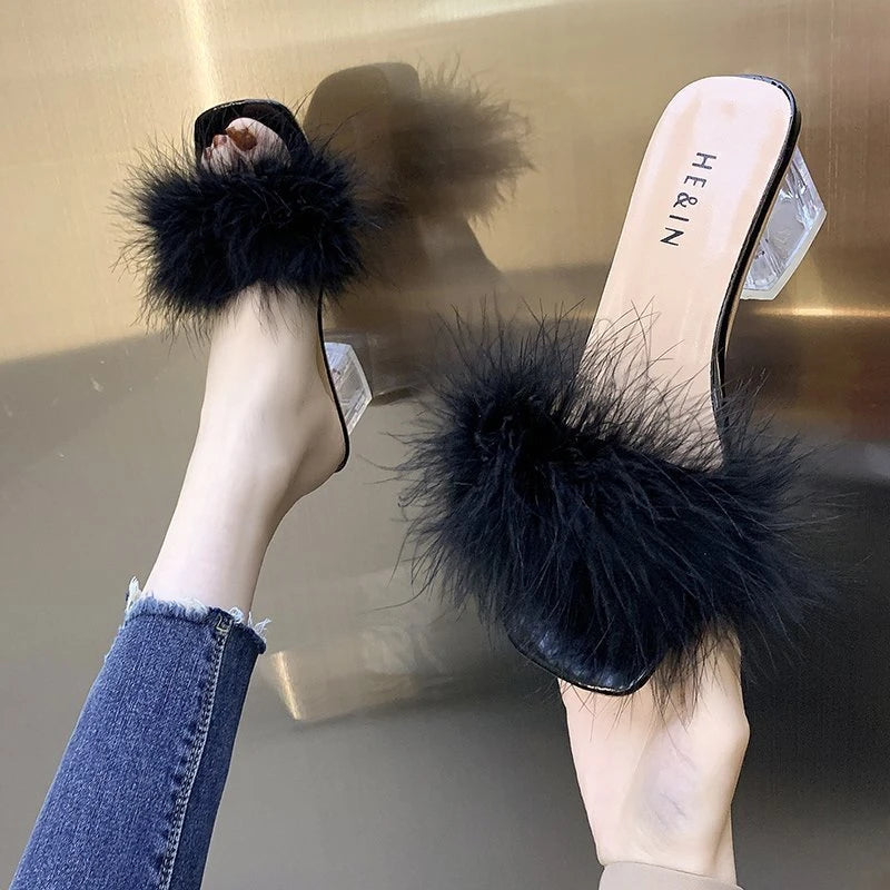 Fashion Women's Summer New Open Toe Plush Faux Fur Chunky Heel  Square Toe Sandal