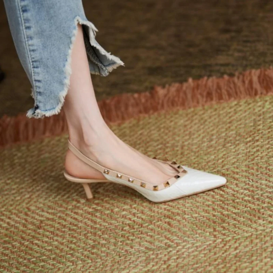 Sexy Women Sandals Rivets Pointed Toe Slingbacks Patent Leather Mid Heels Snakeskin Pattern Sandal