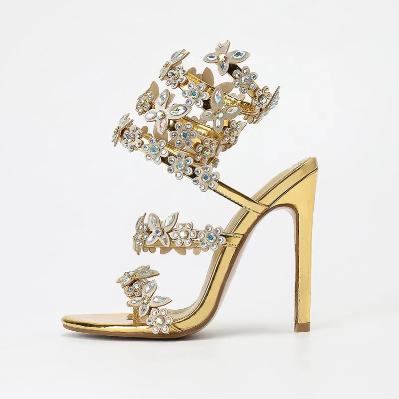 Women Flower Decor Heeled Sandals Fashion Open Toe Dressy Stylish Twine Stiletto Sandals Rhinestone Solid Colour Party Shoes