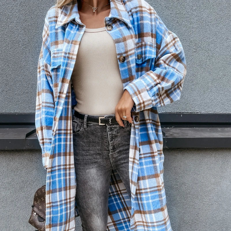 New Women's Loose Casual and Versatile Mid-length Plaid Shirt