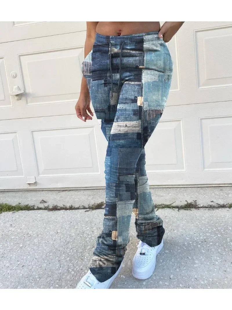 Women's All Season Straight Leg Pants Sports Leisure Drawstring Fashion Sporty Pants Imitation Denim.   S-3x