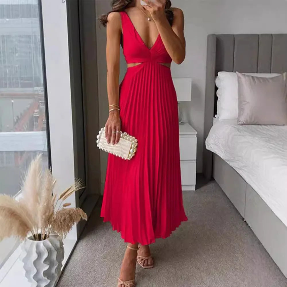 Elegant Long Summer V-neck Sleeveless Hollow Out Backless Sexy Dress .  S-xxL
