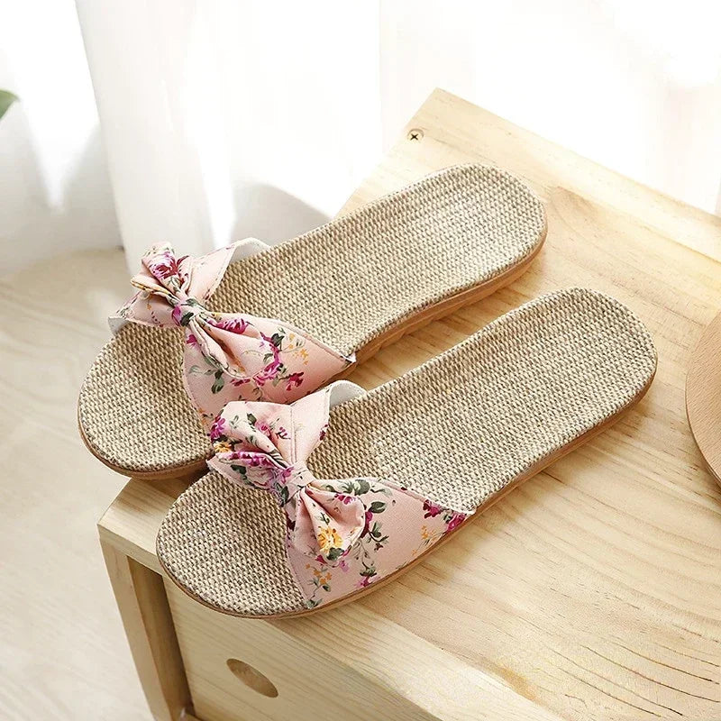 Women Summer Casual  High Quality Breathable Slides Comfortable Flax Slippers Striped Bow Linen Flip Flops.
