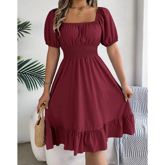 Women's Summer Casual Square Neck Short Sleeved Ruffle Edge Dress