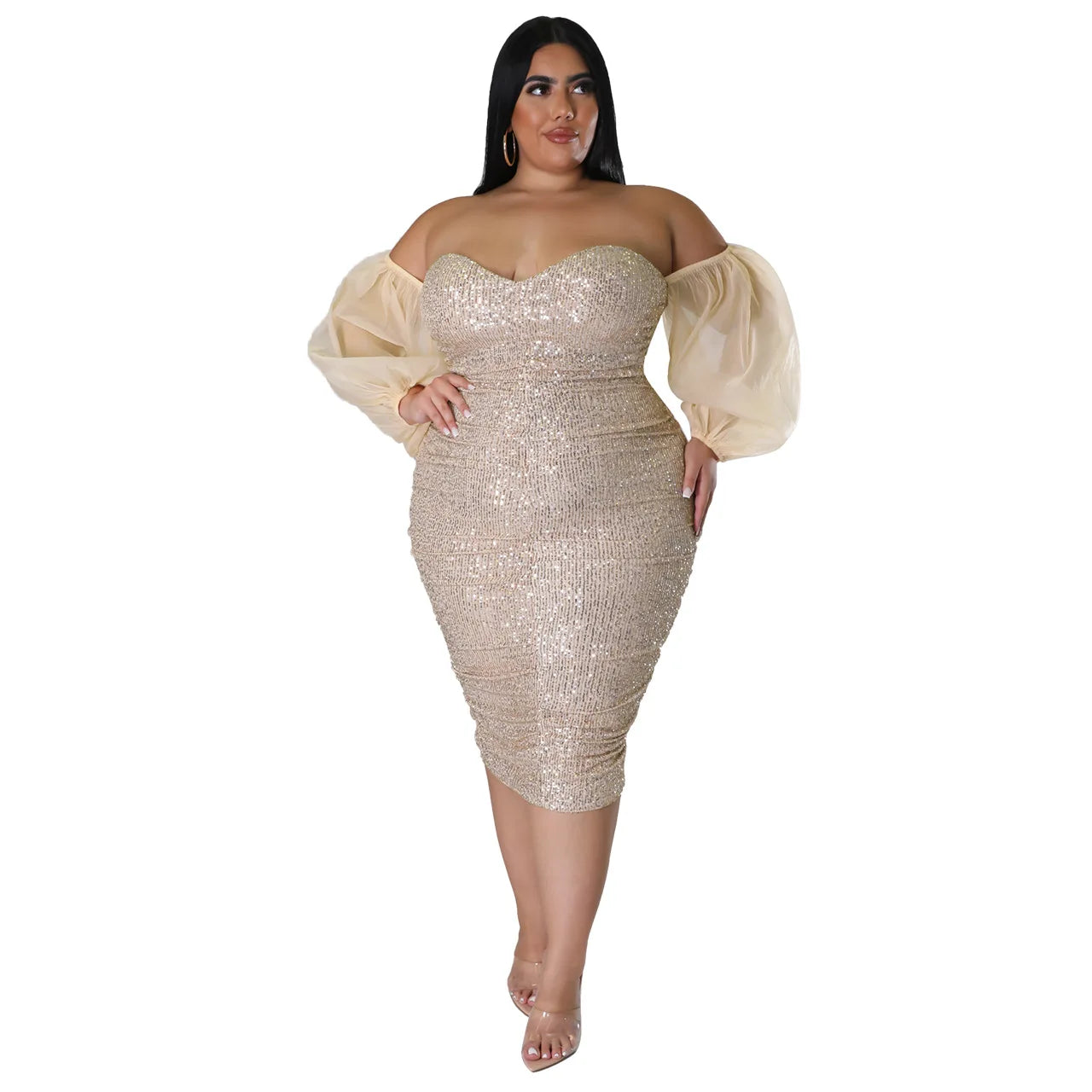 Plus Size Women Sexy Sequin Dress Strapless Solid Party Evening Dress Bodycon Skinny Dress