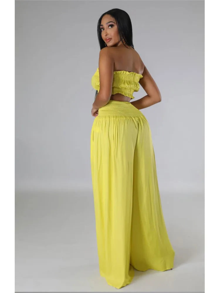 Sexy Ultra Short Breast Wrap And Pants Stylish Ladies 2 Piece Strapless Top + Loose Wide Leg Pant Suit.  S-xxL