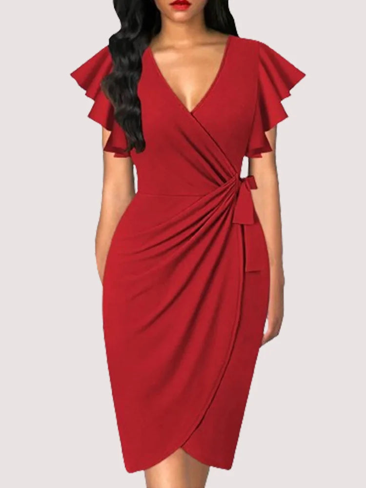Summer Elegant V-Neck Petal Sleeve Solid Colour Pleated Dress.  S-2X