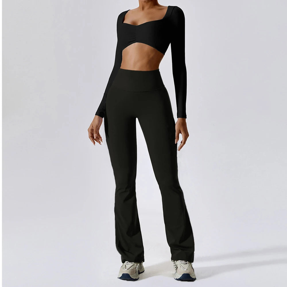 2-Pc Long Sleeve Pad Crop Top Yoga Set Big Leg Flare Scrunch Pant .