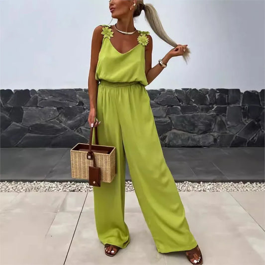 Spring Summer Sexy Jumpsuit Fashion Waist Relaxed Sleeveless Elegant Jumpsuit .  S-XL