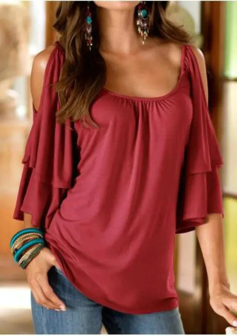 Women's Cotton T Shirt Short Sleeve Solid Colour With Beautiful Cut Out Shoulder