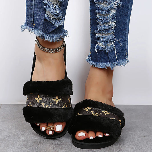 2025 Women's Sandals Flat Heel fur Ladies Summer Flip Flops