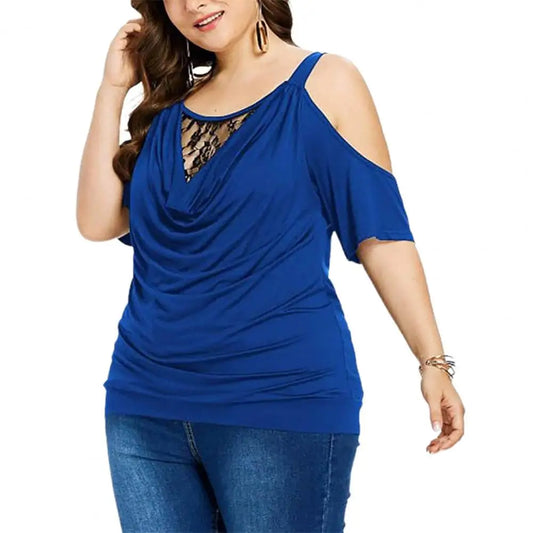 Plus Size Summer Women Blouse Lace Short Sleeves Hollow Out Solid Colour Off Shoulder Blouse