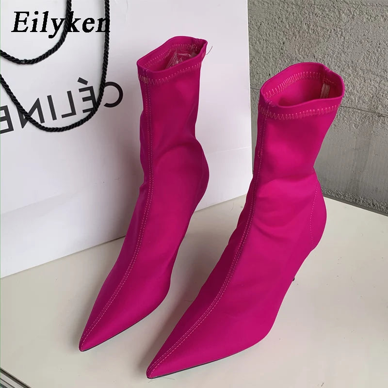 Women's Stretch Fabric Ankle Boots - Pointed Toe Thin High Heels