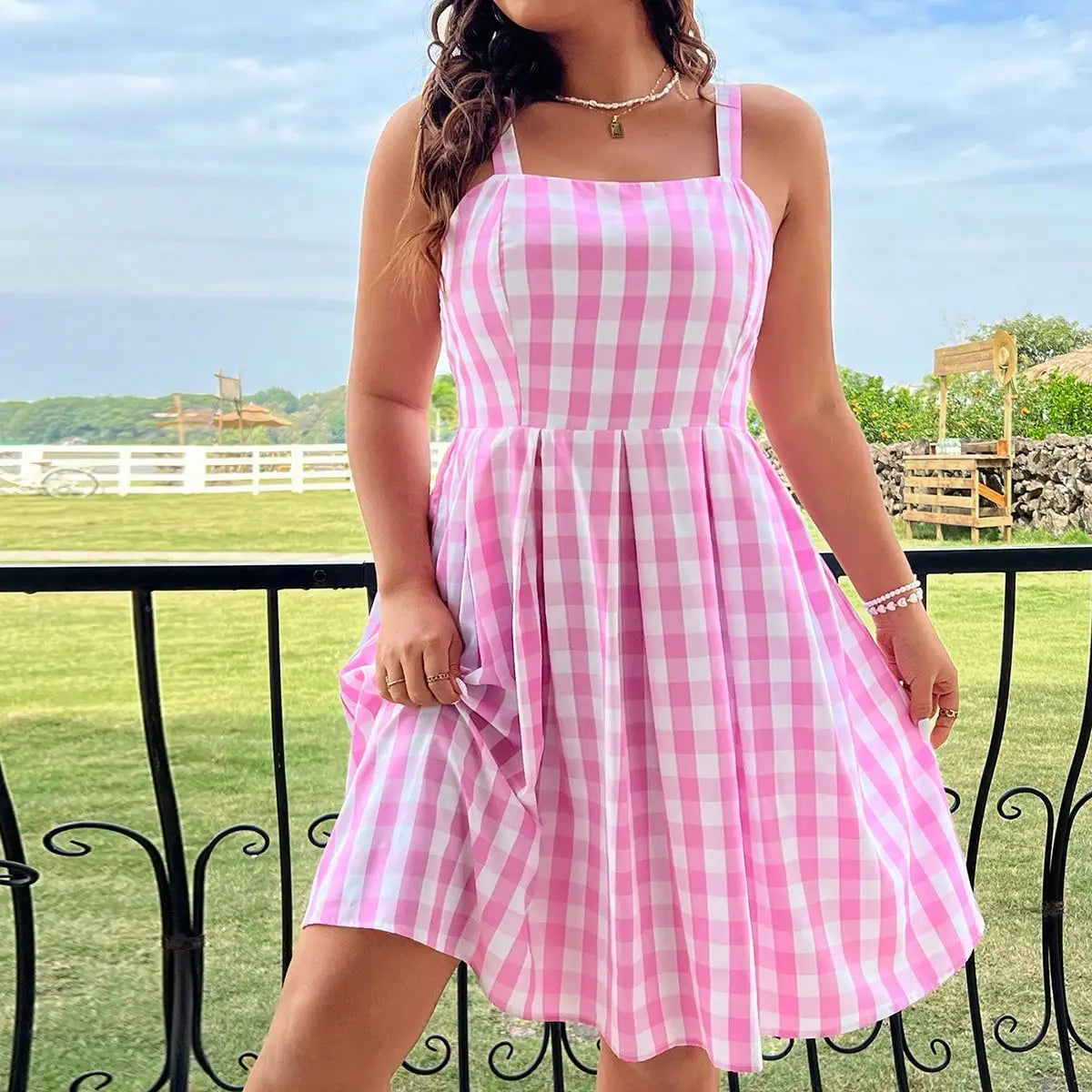 Plus Size Women's 2025 Summer New Plaid Dress Square Neck Dress Best for Summer.