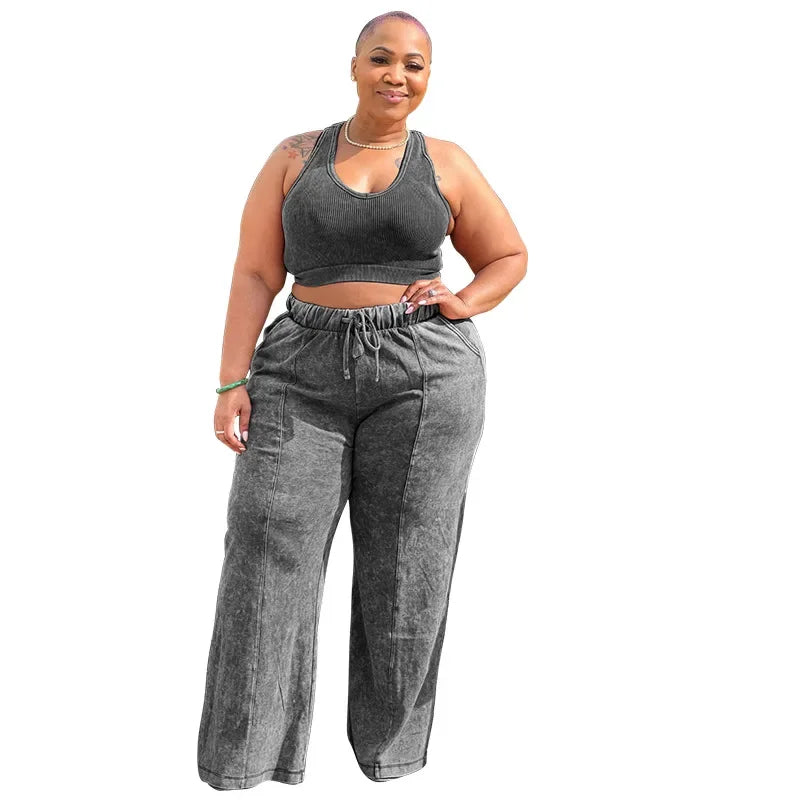 Plus Size Women's Sleeveless Top +Wide Leg Straight Pants Washed Two 2 Piece Set Outfit .
