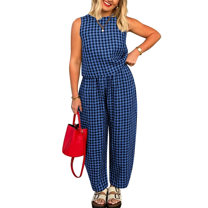 Women Pant Set Fashion Plaid Print Sleeveless Top Loose Pants Two Piece Casual Outfit.  S-2X