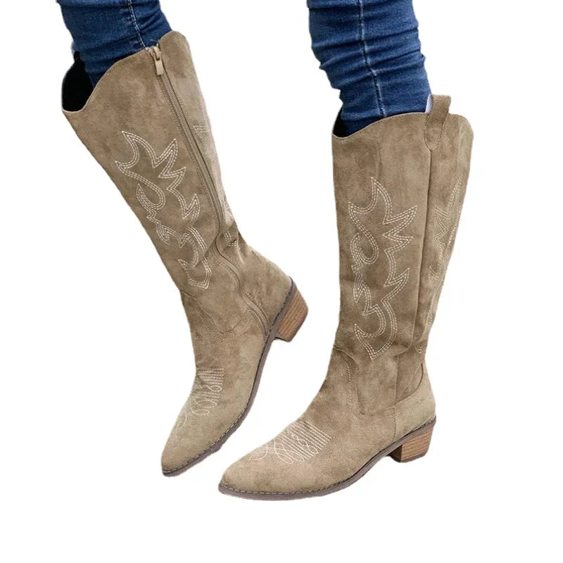 Embroidered Western Cowboy Boots for Women Pointed Toe Thick Heel High Knee Boots.   Botas Mujer