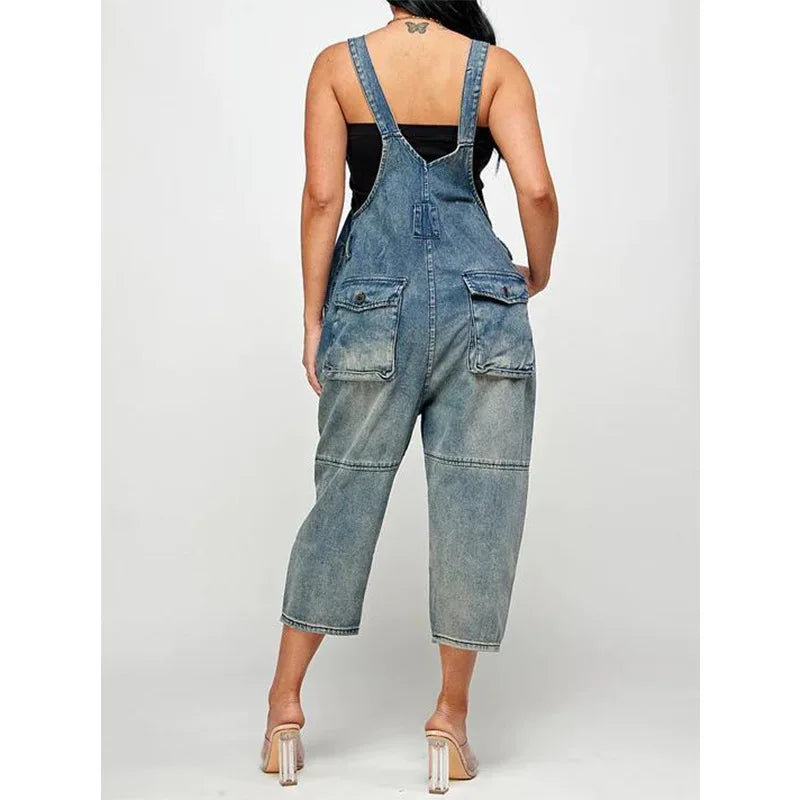 Women One Piece Denim Overalls Sleeveless Straight Romper Casual  Ladies Jumpsuit.  S-3X