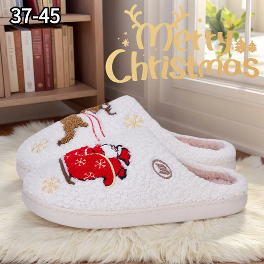 Unisex Christmas Santa & Elk Plush Slippers - Cozy Winter Couple Shoes