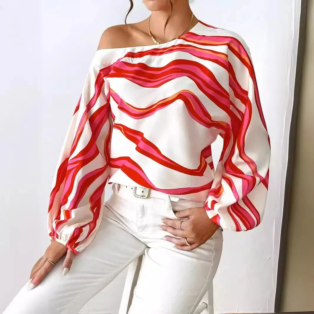 Pullover Women Blouse Slash Neck Lantern Sleeve Print Shirt Loose Casual Blouse Slight Stretch Elegant Blouse.  S-XL