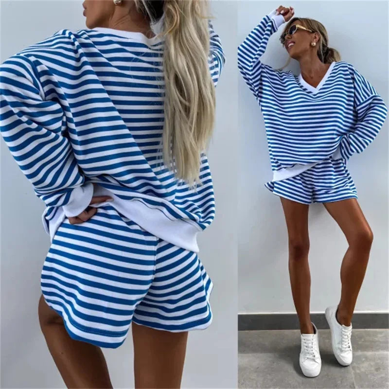 Ladies Striped Sport Two-piece Set Casual Long Sleeved V-neck Sweatshirt And Shorts Oversized And Very Comfortable