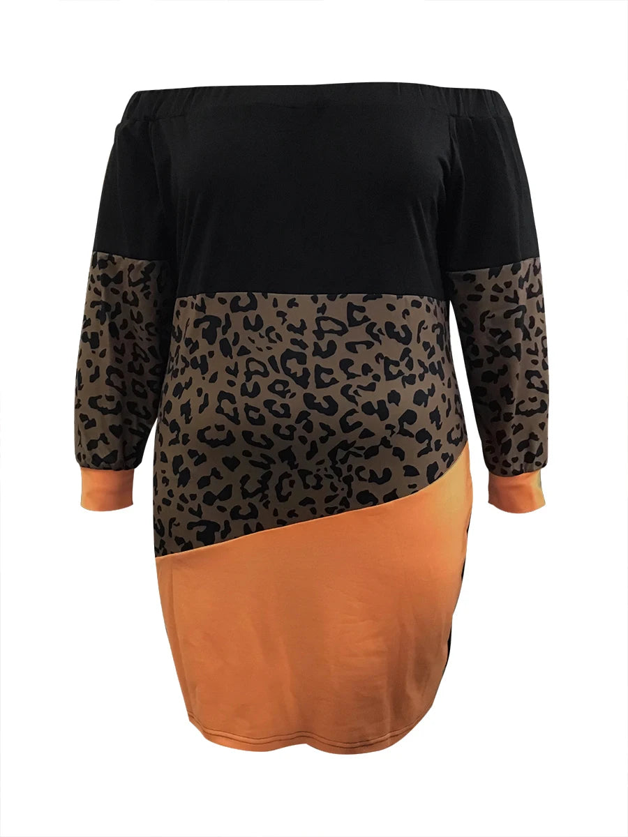 Curvy Ladies Off The Shoulder Mixed Colour Leopard Print Mini Dress