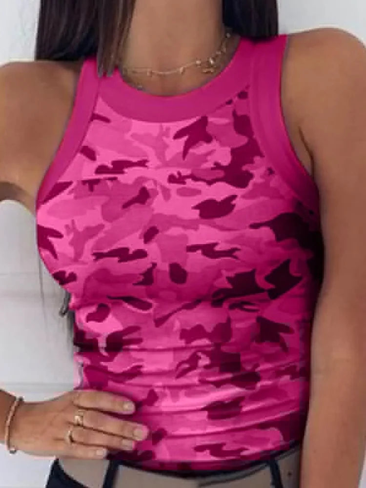 Women Casual Camo Round Neck Ribbed Tank Top Summer Basic Sexy Crew Neck.  S-2x