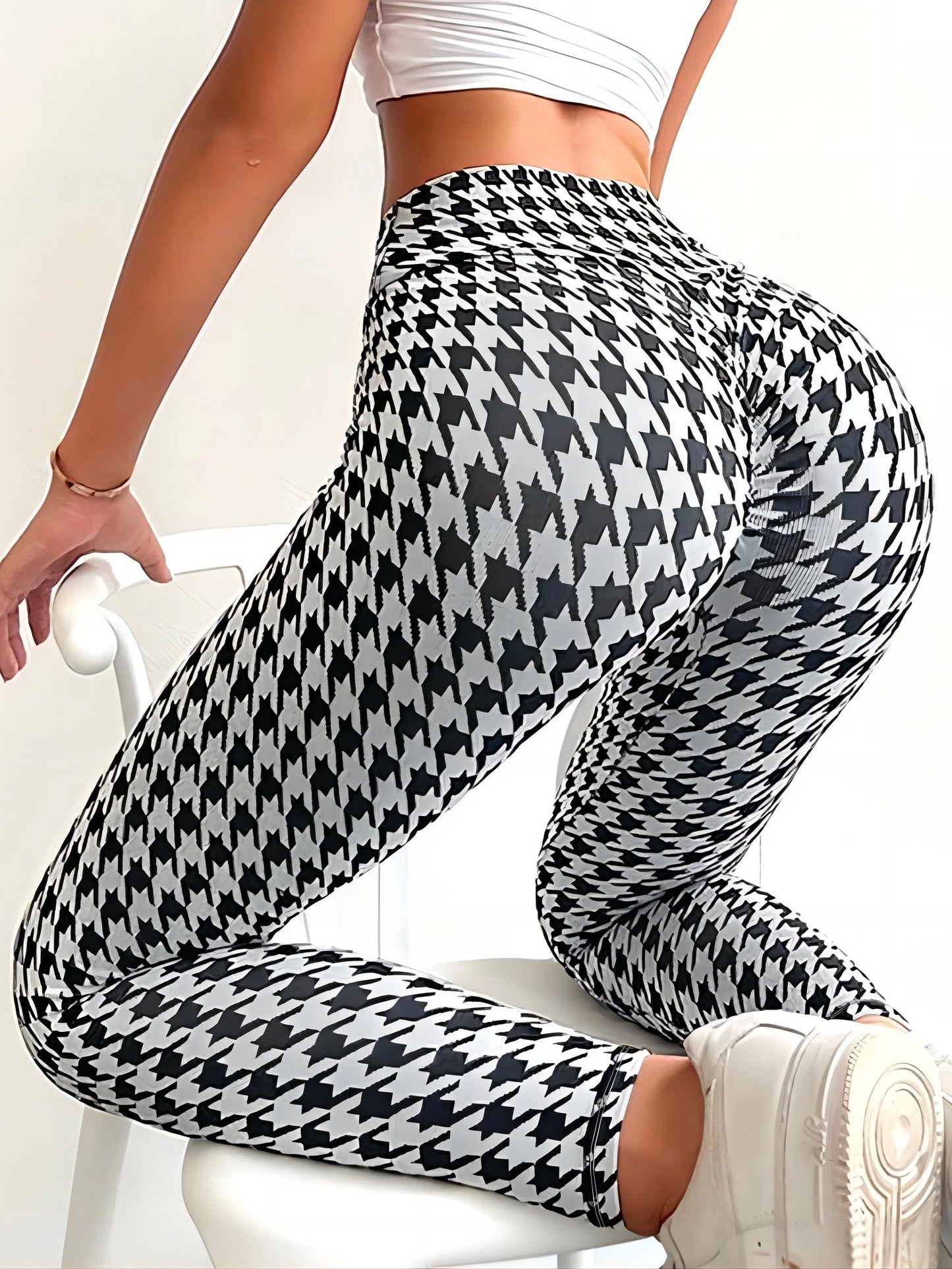 Plus Size Houndstooth Print Skinny Leggings Casual High Waist Every Day Stretchy Legging