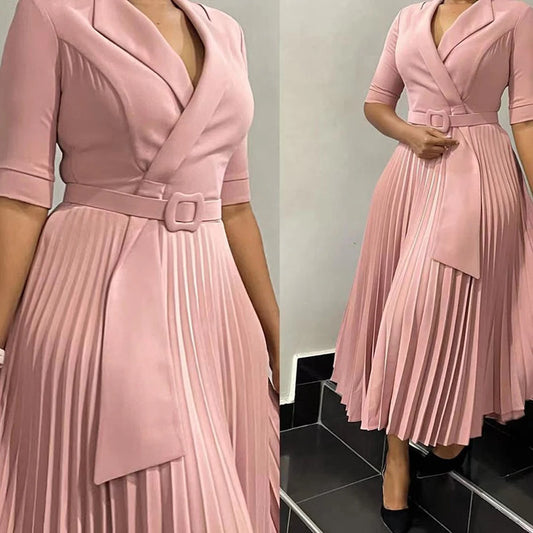 Elegant Pleated Notched Collar Half Sleeve Belt Waist Mid Calf Dress.   S-xxxL