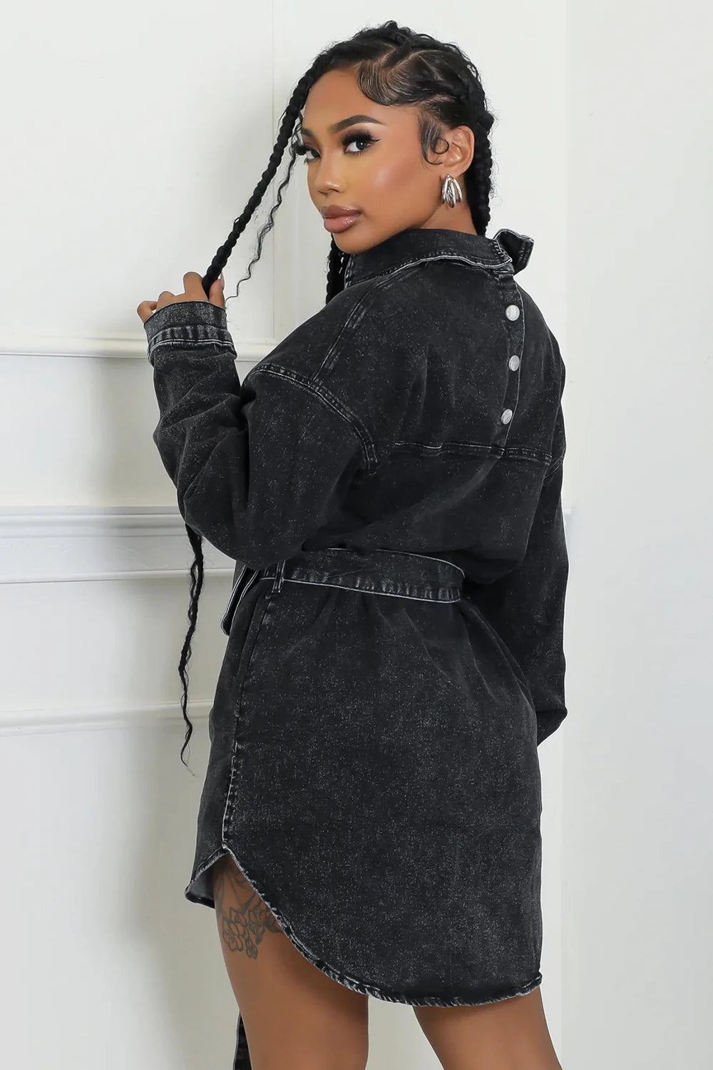 2025 new denim lapel long sleeved single breasted slim fit lace up fashion mid length black denim jacket/ top.  S-2X