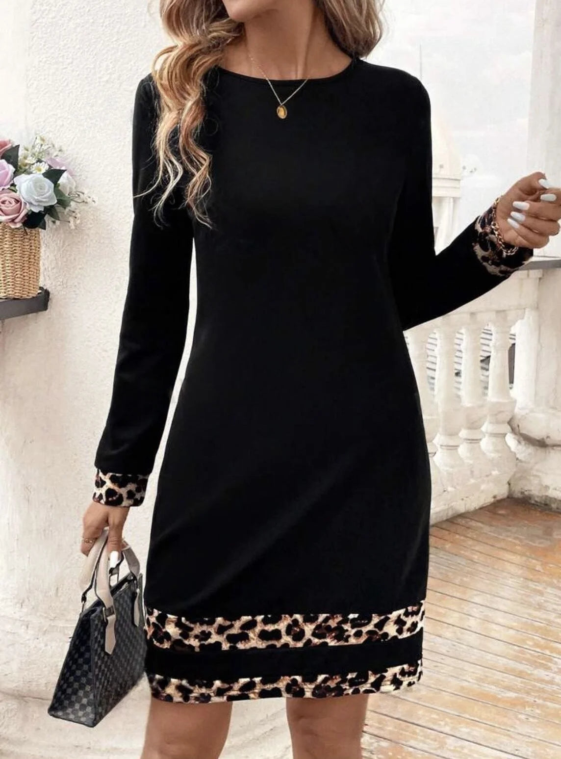 Women's long-sleeved leopard print spliced dress.  S-XL
