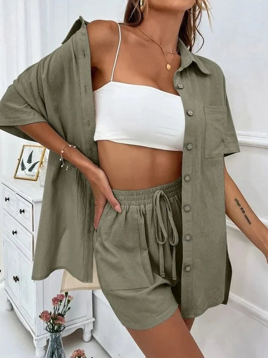Ladies Casual two-Piece Summer Fashion Casual Loose Single Breasted Shirt Short Sleeve Shorts Two Piece Set.  S-3X