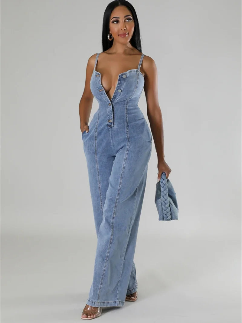 Wide Leg Sleeveless Denim Romper Overalls Outfit.  S-2X