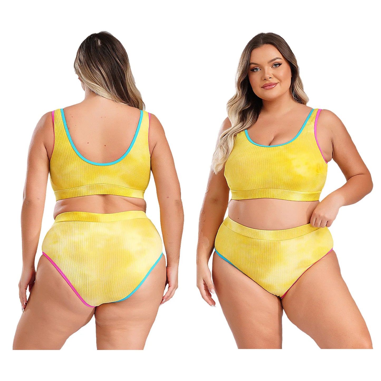 Womens Plus Size Sporty Swimsuit Two Pieces U Neck High Waisted Tankini Set Color Contrast Beach Swimming Bathing Suit Swimwear