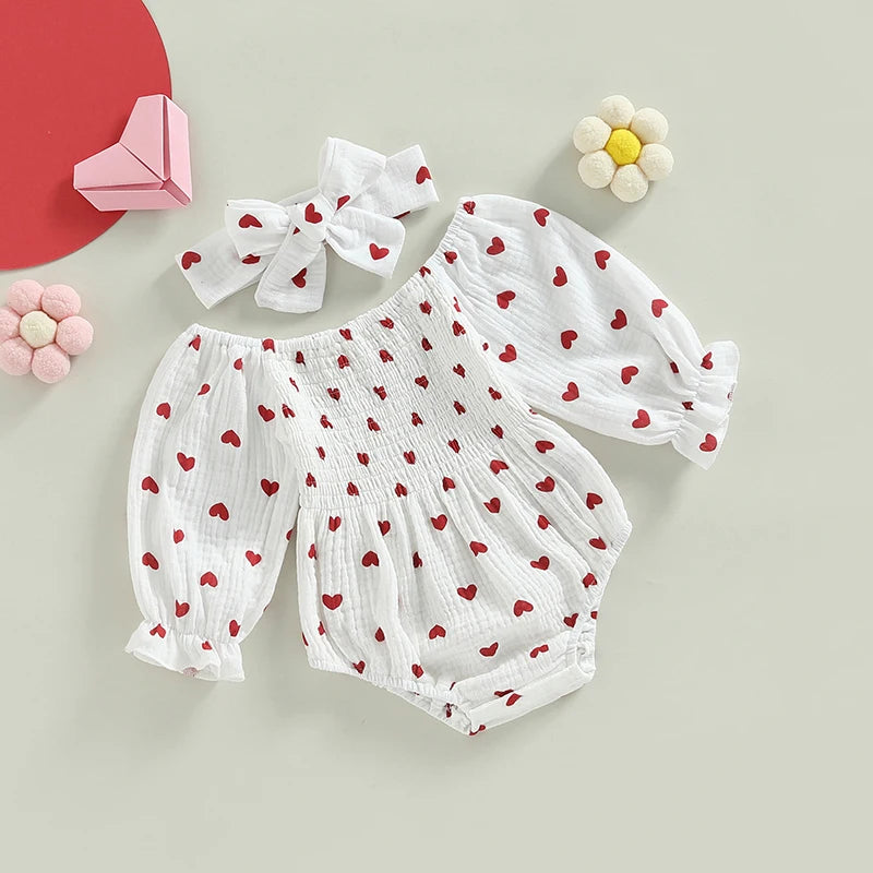 Baby Girl Heart Print Romper with Headband - Long Sleeve Bodysuit 0-18M