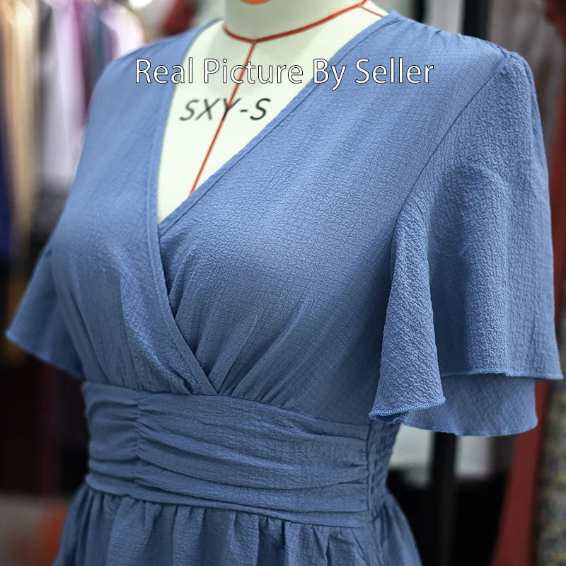 Women Solid Pleated Long Dress V Neck Short Sleeved .