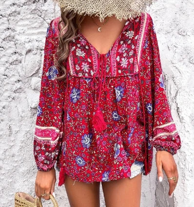 Summer Women's Blouse Casual Bohemian Printed Long Sleeve Loose Fit Shirt